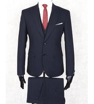 Jan Carlucci Slim Fit Sivri Yaka-Çift Yırtmaç  Lacivert Çizgili Drop 6 Yelekli Takım Elbise