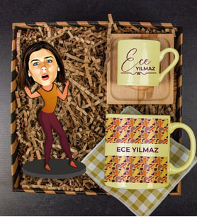 eJOYA Kişiye Özel Karikatür Biblo & Türk Kahvesi Fincanı & Kupa & Bardak Altlığı Hediye Kutusu 112024