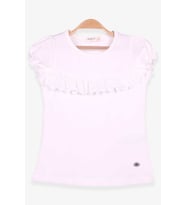 Breeze Kız Çocuk Tişört Güpürlü Kolları Lastikli 3-8 Yaş, Ekru