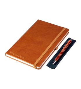 Kişiye Özel Deri Lastikli Defter ve Kalem Seti - Taba