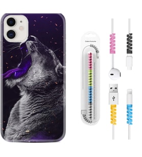 Apple iPhone 11 12 13 Mini Kılıf Kablo Koruma Spiral Silikon Purple Leopar 1750
