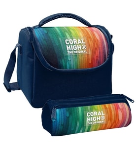 Coral High Erkek Çocuk Lacivert Çok Renkli Çizgi Desenli Thermo Beslenme Çantası ve Üç Bölmeli Kalem Çantası Seti