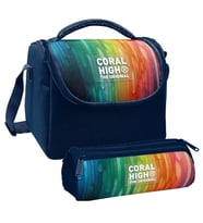 Coral High Erkek Çocuk Lacivert Çok Renkli Çizgi Desenli Thermo Beslenme Çantası ve Üç Bölmeli Kalem Çantası Seti