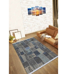 Füme Patchwork Dokuma Pamuk Taban Kaymaz Kilim KLM291
