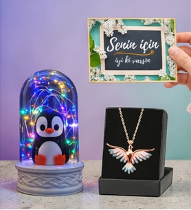 Hediye Seti Renkli Led Işıklı Penguen Fanus ve Renkli Anka Kuşu Kolye