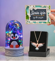 Hediye Seti Renkli Led Işıklı Penguen Fanus ve Renkli Anka Kuşu Kolye