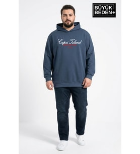 Erkek Büyük Beden İnce Kapşonlu Capri Island Baskılı ince Swatshırt SPR26BSW957-14