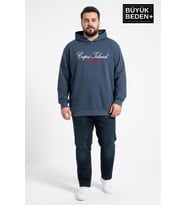 Erkek Büyük Beden İnce Kapşonlu Capri Island Baskılı ince Swatshırt SPR26BSW957-14 (Koyu Mavi)