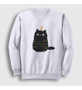 Presmono Unisex Beyaz Yeni Yıl Kedisi Yılbaşı Sweatshirt 270881tt