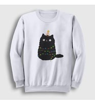 Presmono Unisex Beyaz Yeni Yıl Kedisi Yılbaşı Sweatshirt 270881tt