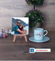 Sevgiliye Hediye Fotoğraflı Dekoratif Taş, Ahşap Altlıklı Türk Kahvesi Fincanı Hediye (Model 2)
