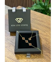 (ÇANTALI KUTU)925 Ayar Gümüş 18ayar Gold Kaplama Bordo Taşlı 2 Li Yonca Set 3 sıra Bil-Kol