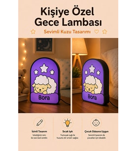 Kişiye Özel İsimli Yıldızlı Uyuyan Kuzu Gece Lambası Sıcak Işıklı Çocuk ve Bebek Odası Dekoru