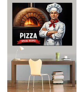Pizza Fırını Ve Şef Aşçı İllüstrasyonu Dekoratif Kanvas - Mdf Ahşap Tablo