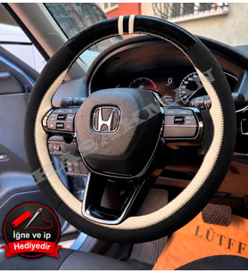 Honda HR-V Dikme Direksiyon Kılıfı Parlak Siyah Bej Detaylı Bej Çift Yüzük ve Dikiş 2022-2026