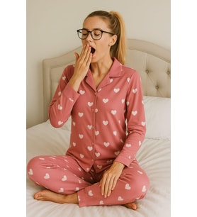 Kadın 6480 Yakalı Düğmeli Süet Uzun Kol Pijama Takımı PEMBE