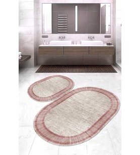 Dijital Baskılı Kaymaz Taban Yıkanabilir Oval 2'li Klozet Takımı Banyo Paspası NOKZ-HT-668 (Pembe)