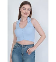 Triko Yakalı Düğmeli  Kısa Kollu Crop (Buz Mavisi)