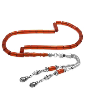 Ateş Kehribar Tesbih - Kararmaz Metal Damla Püsküllü - Kırmızı - Mini Boy - Kesme Kesim