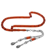 Ateş Kehribar Tesbih - Kararmaz Metal Damla Püsküllü - Kırmızı - Mini Boy - Kesme Kesim