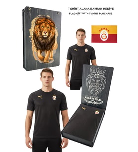 Galatasaray Orijinal Lisanslı Sıfır Yaka Siyah A Takım Antrenman T-Shirt BAYRAK ve UV Kutulu (Siyah-Gri)