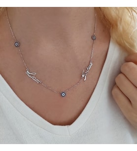 Kişiye Özel 925 Ayar Gümüş Nazar Boncuğu 2 İsim Kolye