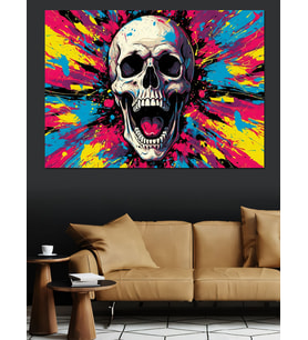 Renkli Pop Art Kurukafa Patlaması Dekoratif Kanvas - Mdf Ahşap Tablo