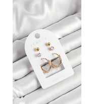Pirinç Zirkon Taş Ve Halka Figürlü Gold Renk 3'lü Çift Kadın Küpe Set (Altın)