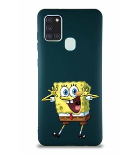 Samsung Galaxy A21S Soft Premier Kapak Sünger Bob Tasarımlı Silikon Kılıf - Yeşil (Şeffaf)