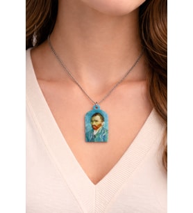 Van Gogh Portre Baskılı Metal Kolye Mavi Zemin Unisex Sanatsal Tasarım
