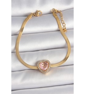 316L Çelik Gold Renk İtalyan Zincir Pembe Zirkon Taşlı Kalp Model Kadın Bilekli - HEP-5594-221