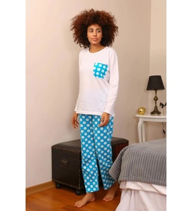 Giyim Kadın Uzun Kol Penye Pijama Takım Beyaz