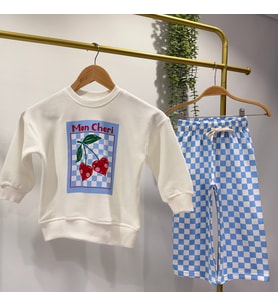 Cheri Kiraz Desenli Sweatshirt ve Pötikareli Eşoman 3İp Kız Çocuk Alt Üstt Takım