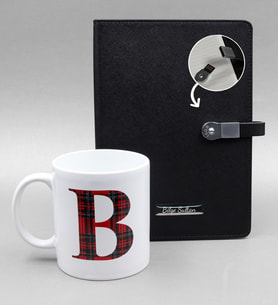 Kişiye Özel 16 Gb Usb Siyah Defter & 1 Adet Ekose Desenli Harf Kupa Hediye Seti