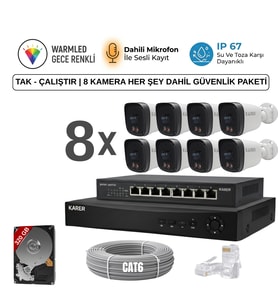 8 KAMERALI ULTRA HD 5MP IP POELİ-SESLİ-RENKLİ GECE GÖRÜŞLÜ-İNSAN ve PLAKA ALGILAMALI GÜVENLİK SETİ (Beyaz)