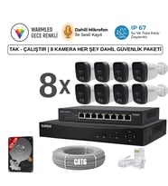 8 KAMERALI ULTRA HD 5MP IP POELİ-SESLİ-RENKLİ GECE GÖRÜŞLÜ-İNSAN ve PLAKA ALGILAMALI GÜVENLİK SETİ (Beyaz)