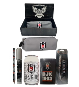 Beşiktaş Orjinal Lisanslı Beyaz Kutu Kalemtraş Ahşap Kutulu 6'lı Kırtasiye Seti (Gri)