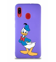 Samsung Galaxy A20 Soft Premier Kapak Donald Duck-D Tasarımlı Silikon Kılıf - Mor (Şeffaf)