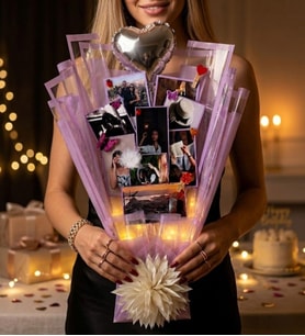 Lila Anı Buketi  Kişiye Özel 9 Fotoğraflı LED Işıklı Kalp Balonlu Hediye – Sevgiliye & Flörte Özel
