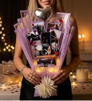Lila Anı Buketi  Kişiye Özel 9 Fotoğraflı LED Işıklı Kalp Balonlu Hediye – Sevgiliye & Flörte Özel