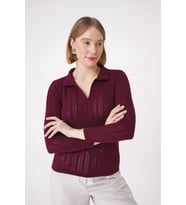 Chuba Kadın Polo Yaka Örgü Detaylı Regular Fit Triko Kazak Bordo 25W3004