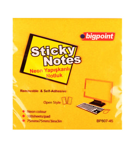Bigpoint Yapışkanlı Not Kağıdı 75x75mm Neon Turuncu x 12 Adet