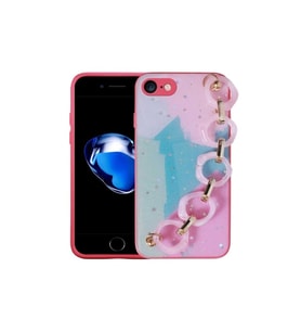 Apple iPhone 7 Uyumlu Kılıf Simli Desenli El Askılı Tutacaklı Zore Elsa Silikon Kapak (K.Pembe)