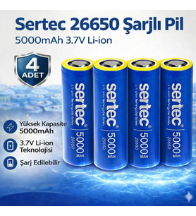 Sertec 26650 Şarjlı Pil 5000mAh 3.7V Li-ion Başlıksız Düz 4lü