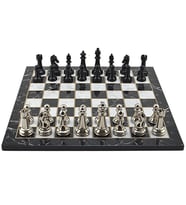 GiftHome Premium Black Metal Klasik Satranç Takımı ve Mermer Desenli Düz MDF Tahtası (37X37 cm.)