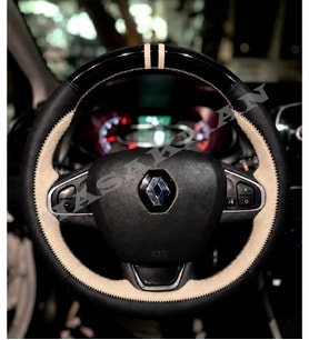 Renault Lutecia 4 Dikme Direksiyon Kılıfı Parlak Siyah Bej Detaylı Bej Çift Yüzük ve Dikiş 2013-2019