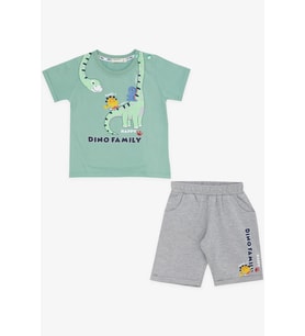 Breeze Girls & Boys Erkek Çocuk Şortlu Takım Mutlu Dinozor Aile Baskılı 1-4 Yaş, Mint Yeşili