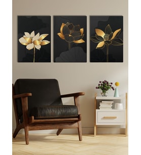 Modern Sanat Altın Çiçekler Kanvas Tablo Seti 3 Adet x 40x55cm
