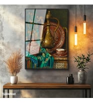 Siyah Renk Metal Çerçeveli Tamperli Cam Tablo Bakır İbrik Ve Kase Oryantalist Ressam Tablosu Duvar Dekoru