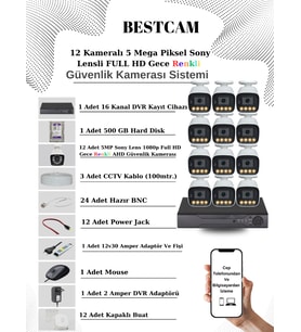 BESTCAM 12 Kameralı Set 5 Mega Piksel Sony Lensli FULL HD Gece Görüşü Renkli Güvenlik Kamera Seti 500 GB HDD